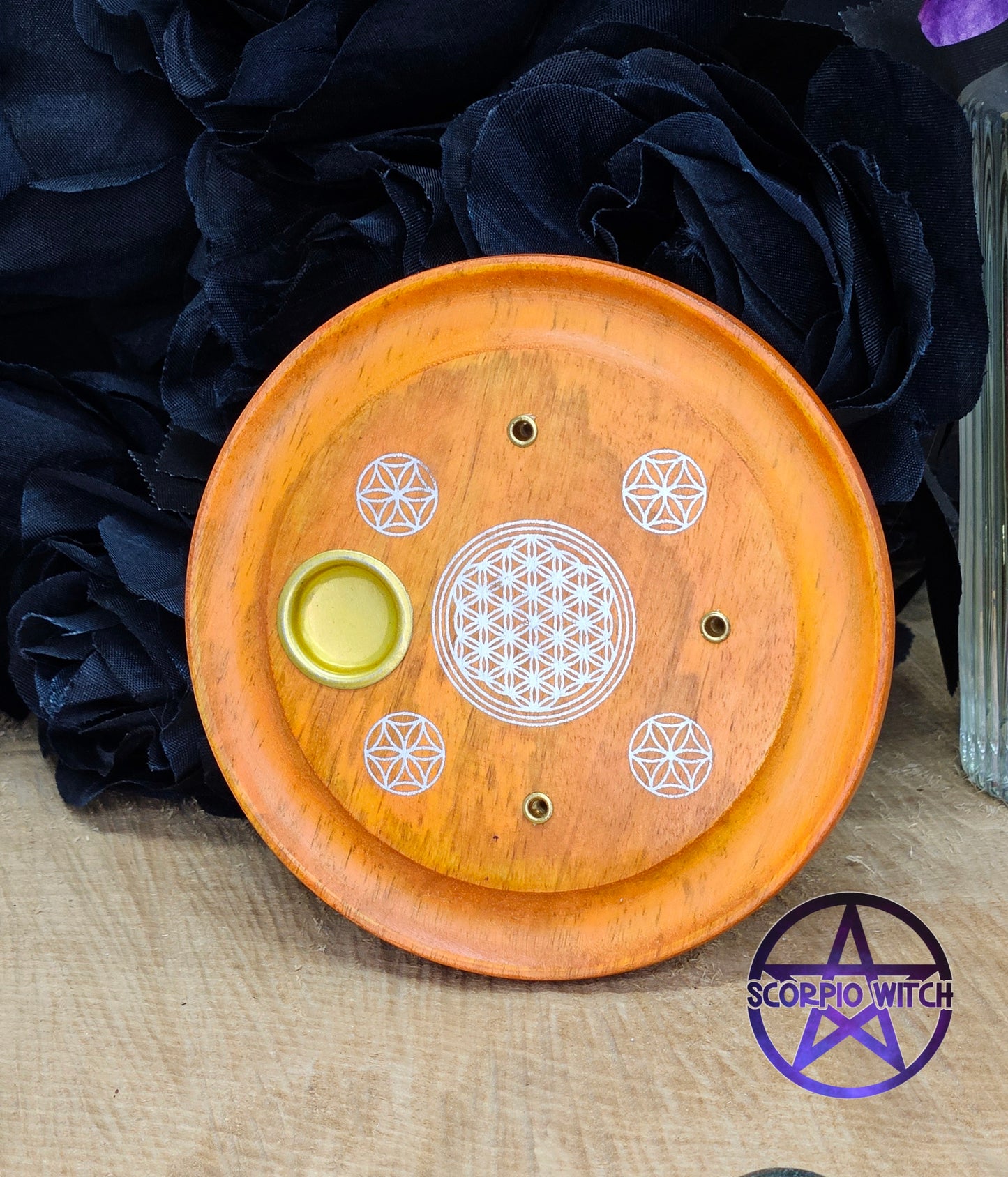 MYGA WOODEN INCENSE CONE PLATE - FLOWER OF LIFE ORANGE