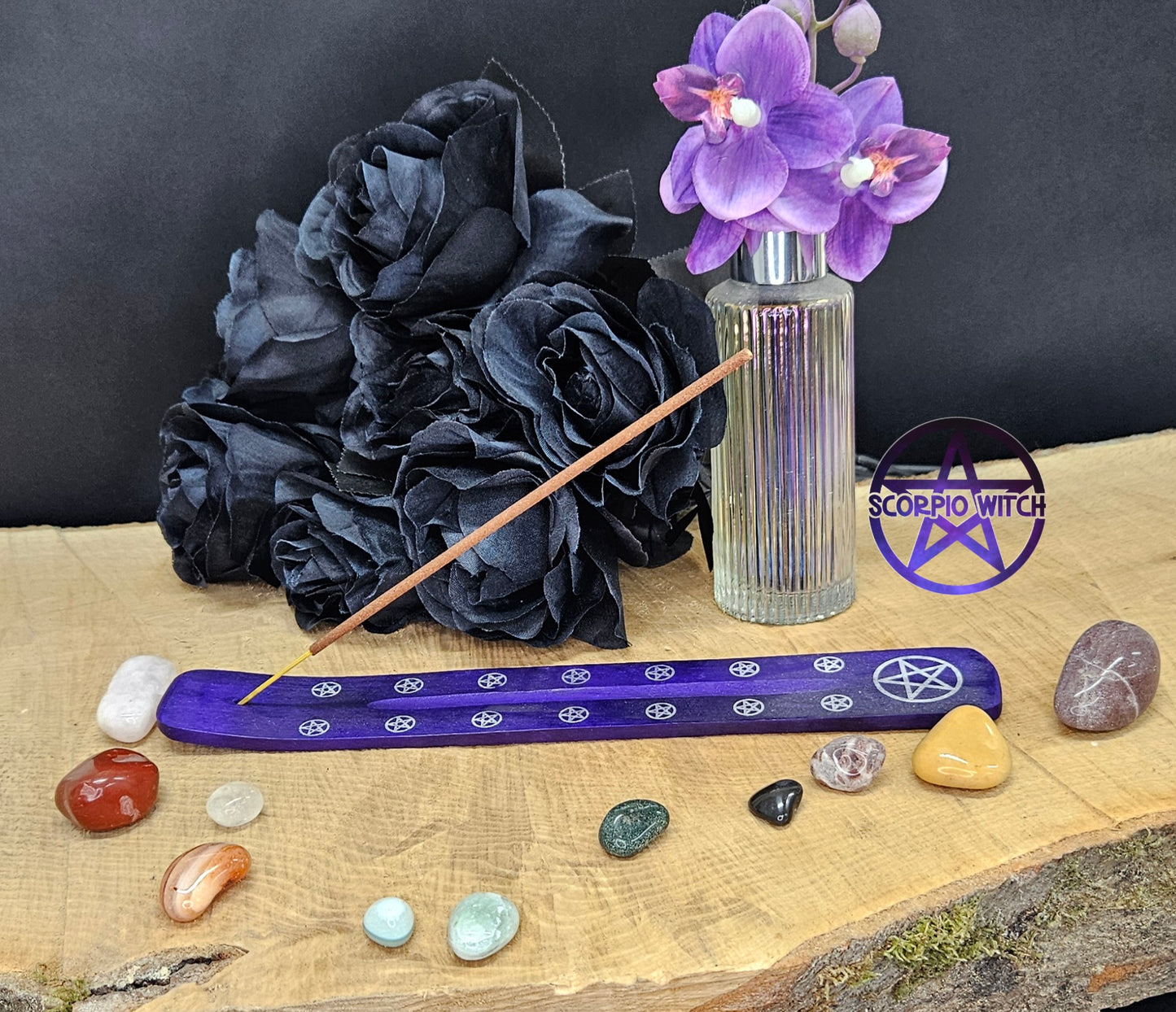 MYGA COLOURED WOODEN INCENSE HOLDER - PURPLE PENTAGRAM