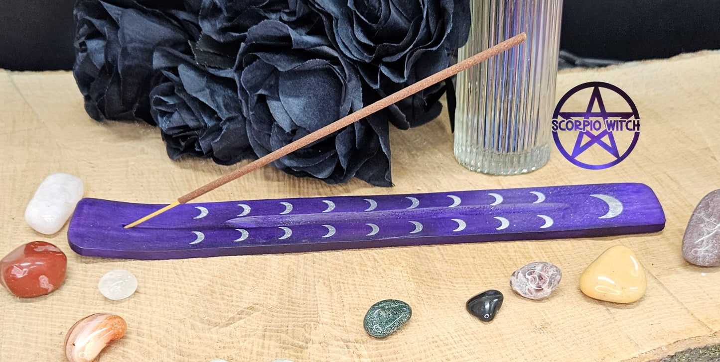 MYGA COLOURED WOODEN INCENSE HOLDER - PURPLE CRESCENT MOON