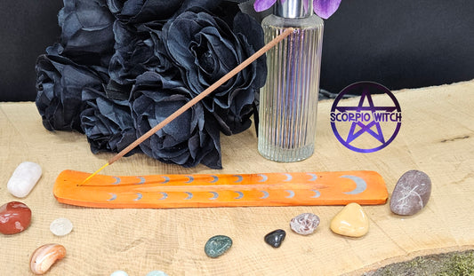 MYGA COLOURED WOODEN INCENSE HOLDER - ORANGE CRESCENT MOON